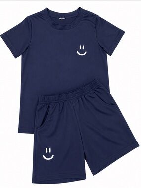 Shein Boys Navy Smiley Face Performance Set - Short Sleeve Top & Shorts EUC